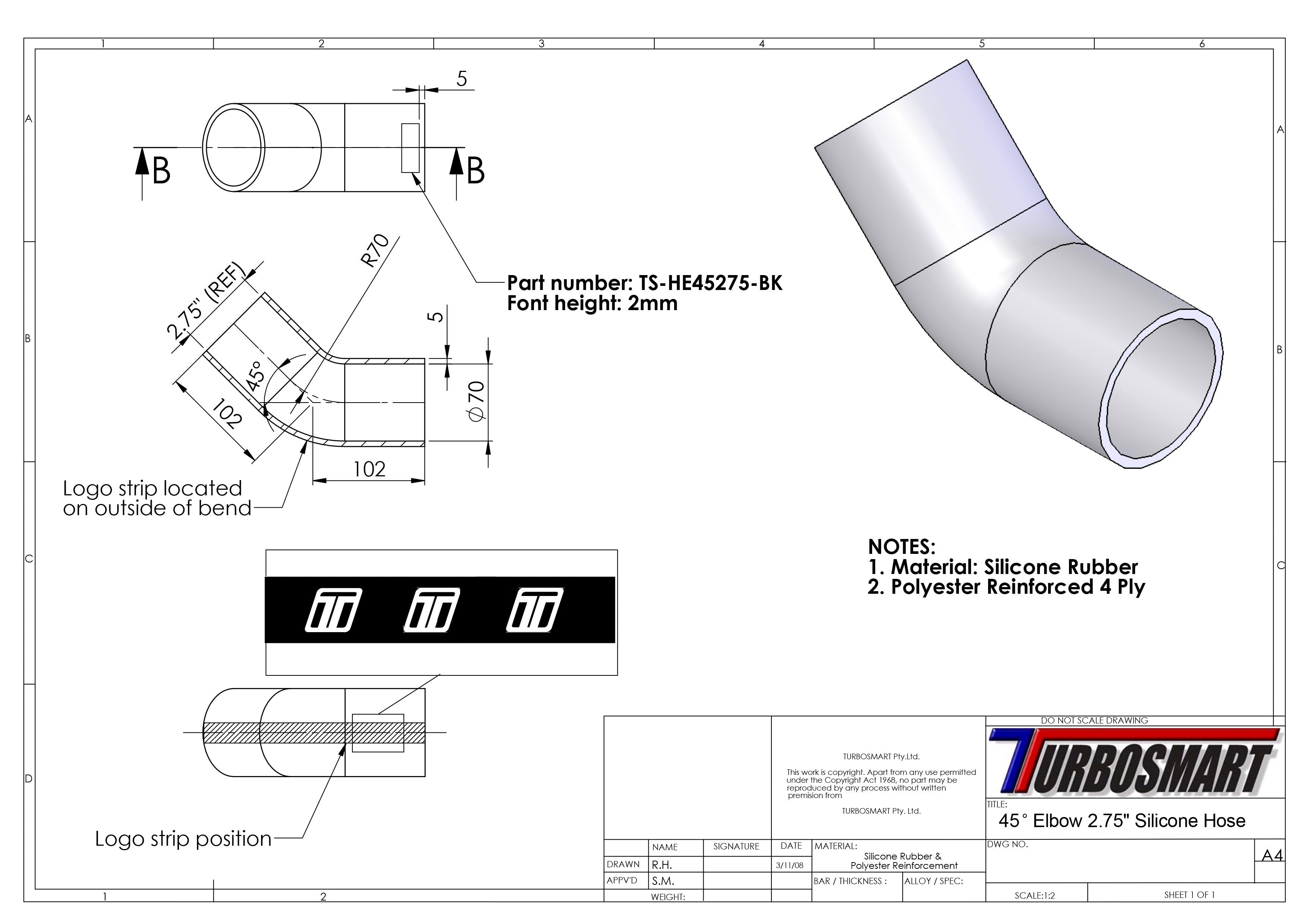 Turbosmart 45 Elbow 2.75 - Black Silicone Hose