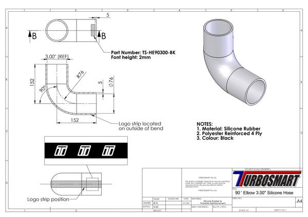 Turbosmart 90 Elbow 3.00 - Black Silicone Hose (TS-HE90300-BK)