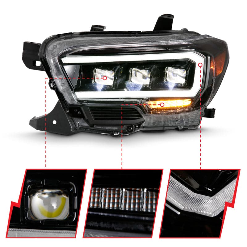 ANZO 2016-2018 Toyota Tacoma LED proyector faros delanteros estilo tablón negro con ámbar