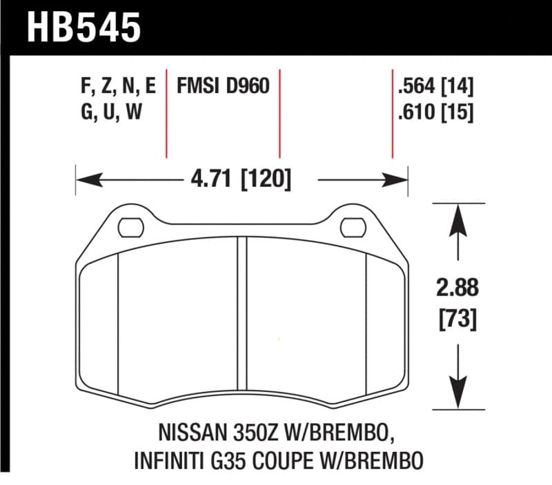 Hawk 03-04 Infinit G35 / 04-09 Nissan 350z con pastillas de freno delantero Brembo DTC-60 Race (HB545G.564)